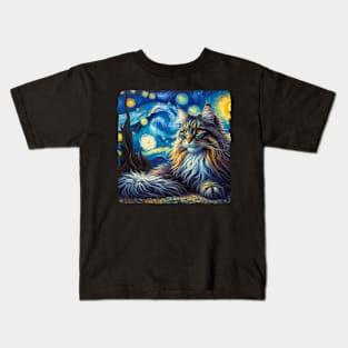 Norwegian Forest Starry Night Inspired - Artistic Cat Kids T-Shirt